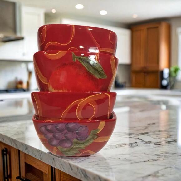 Set of 4 Red Hand-Painted Square Bowls – Grapes Apples Geometric Soup Cereal - Picture 1 of 8